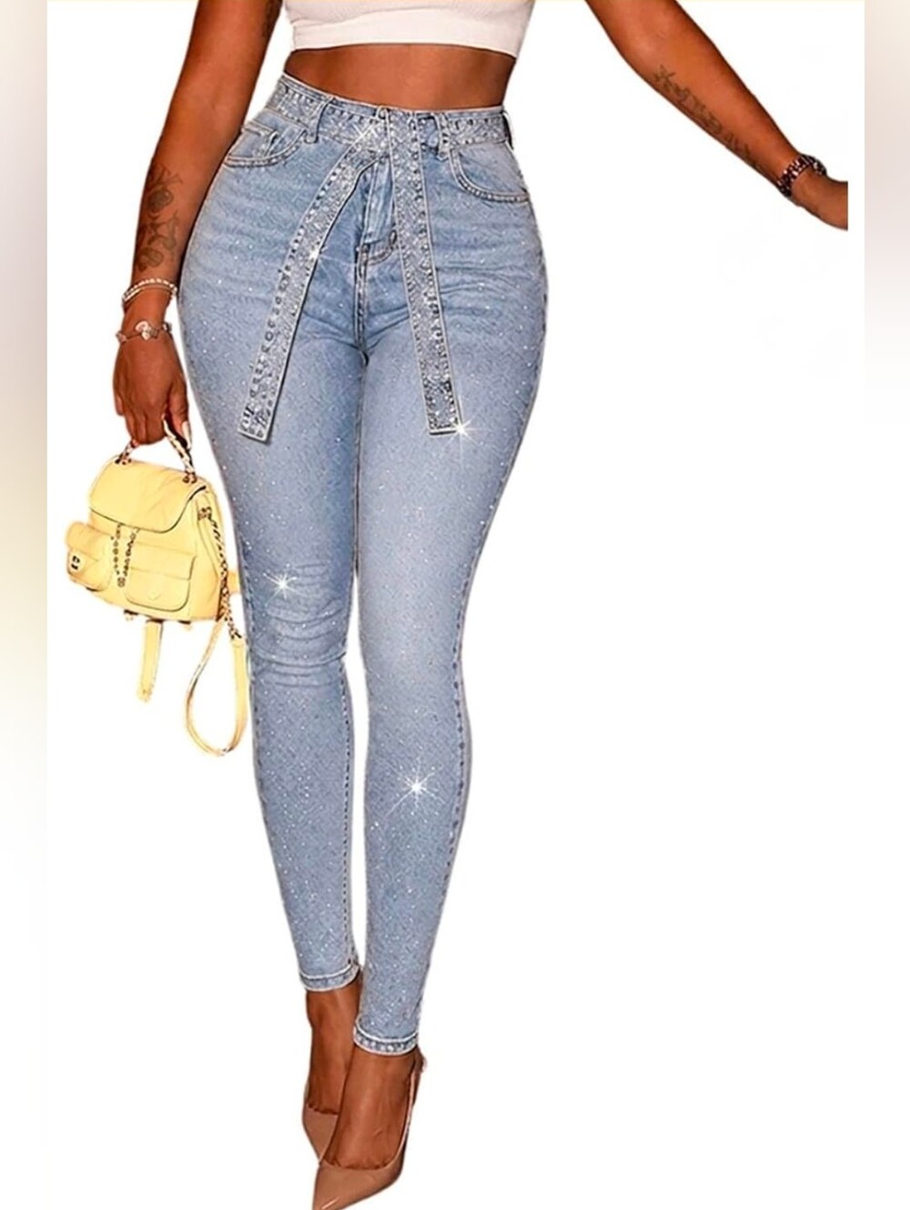 NWT CHICME Women's Rhinestone Skinny Jeans Light Blue High Waisted Stretchy Deni